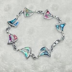 Women's Silver Tone  Mutli-Color Abalone Sailboats Link Bracelet w/Cuff Buckle